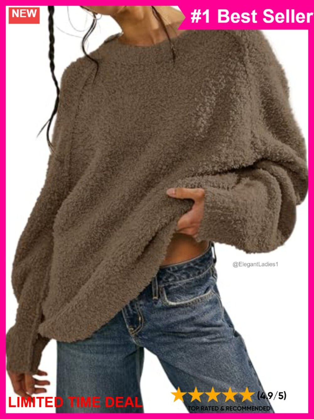 Oversized Long Sleeve Crewneck Fuzzy Knit Warm Sweater